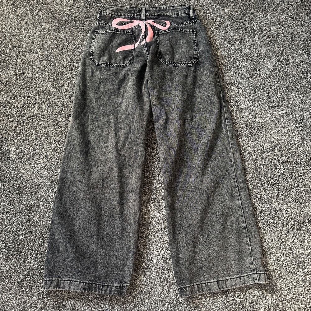Y2K Disclosure Pants Womens 5 Black Baggy Black Acid Wash Skater Pink Bow Skater